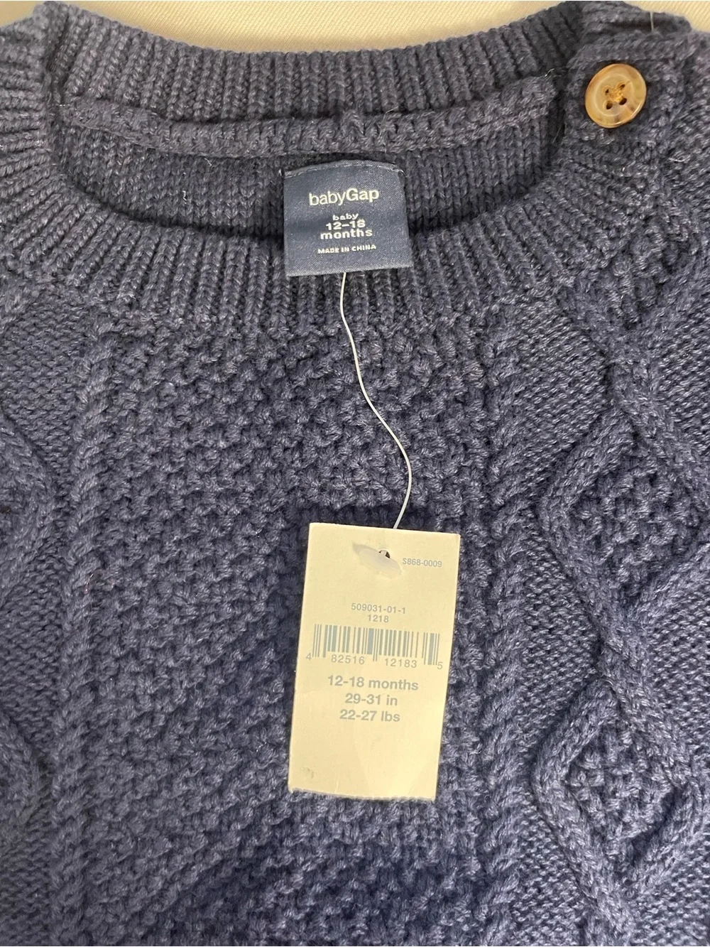 Baby Gap Navy 100% Cotton Cable Knit Crewneck Sweater 12-18 Months NWT